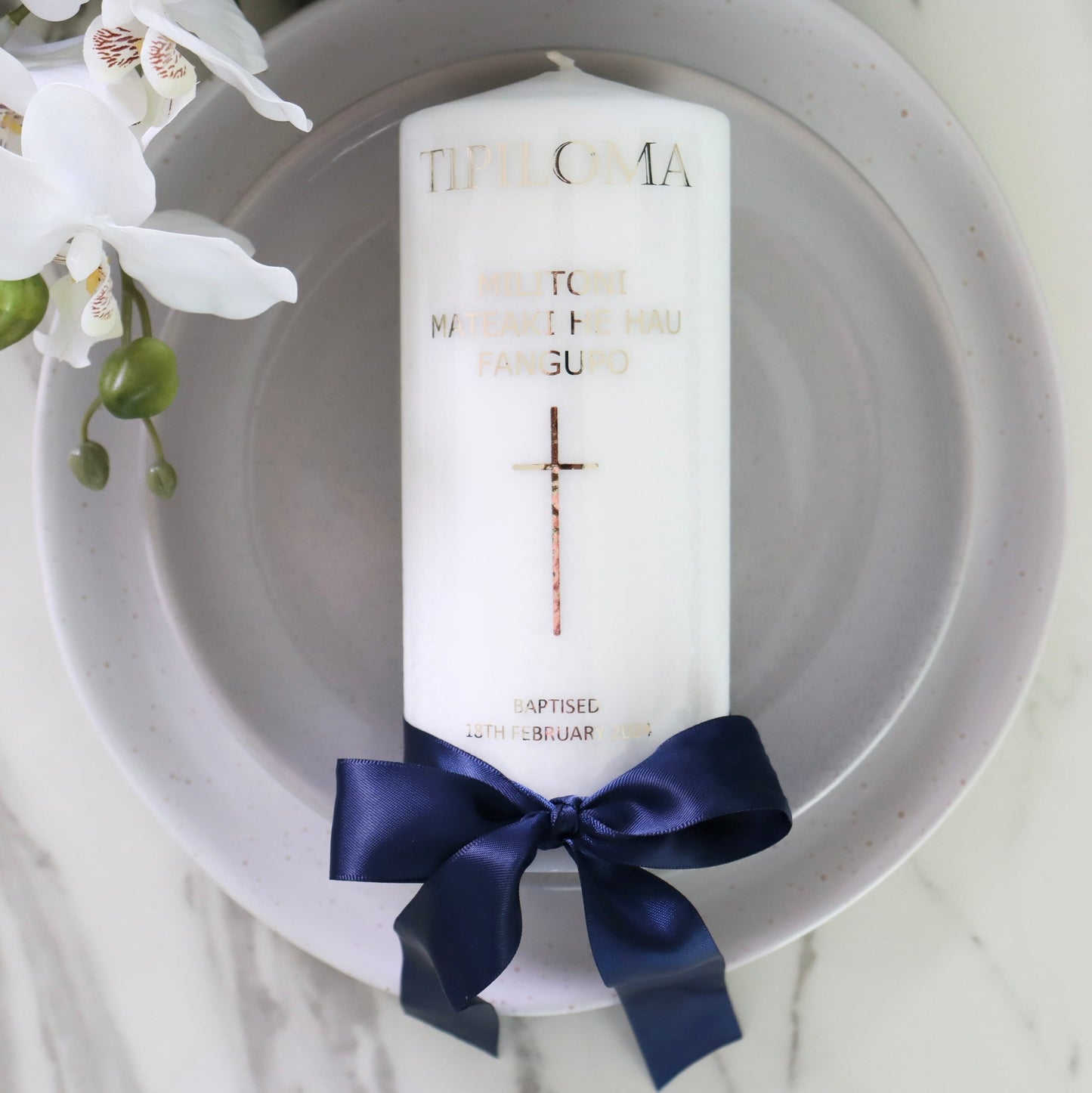 Baptism Candle with Navy Blue Satin Ribbon