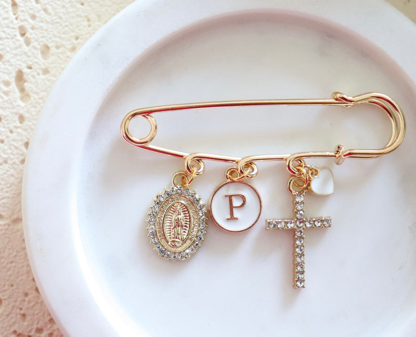 Diamanté Mother Mary and Cross Keepsake Pin