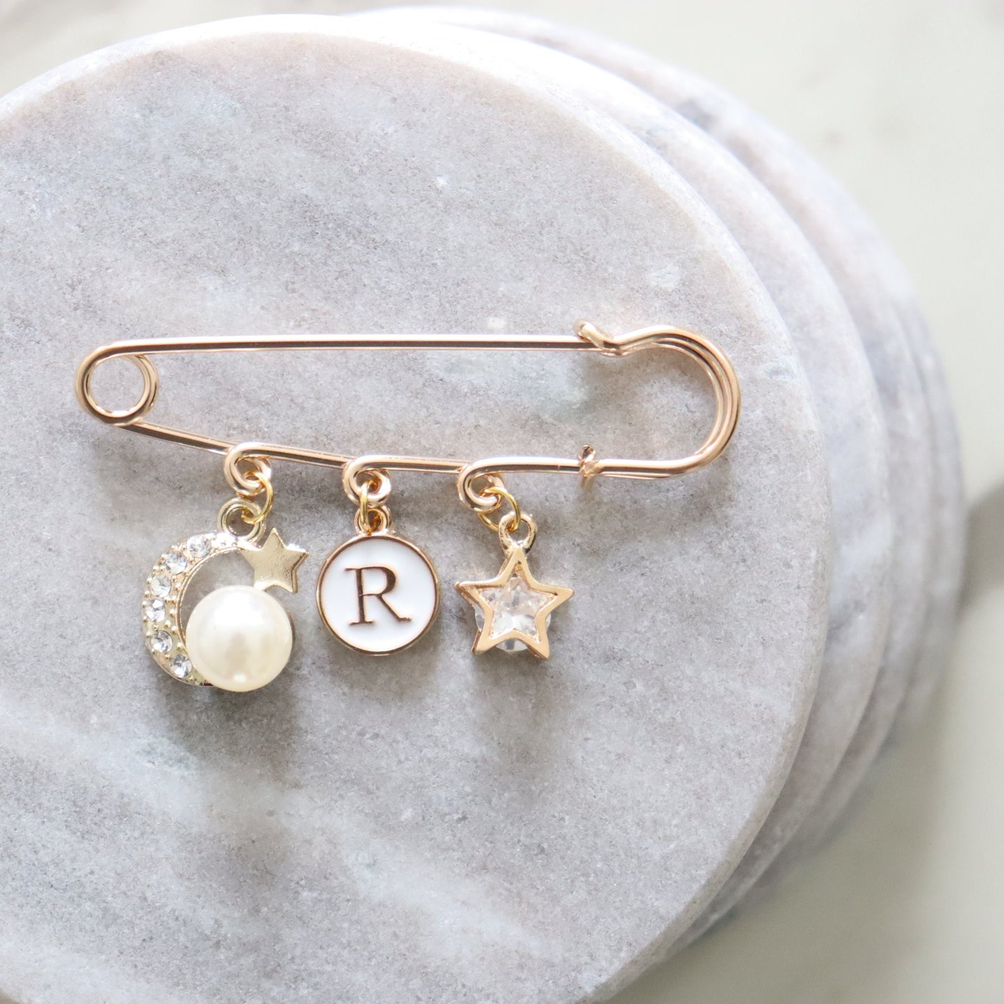 Diamanté Pearl Moon & Star Keepsake Pin