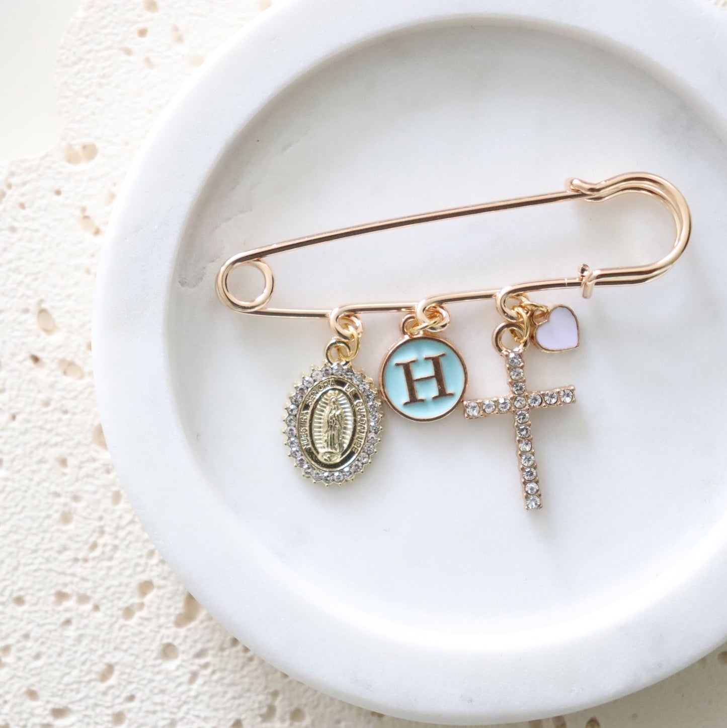 Diamanté Mother Mary and Cross Keepsake Pin