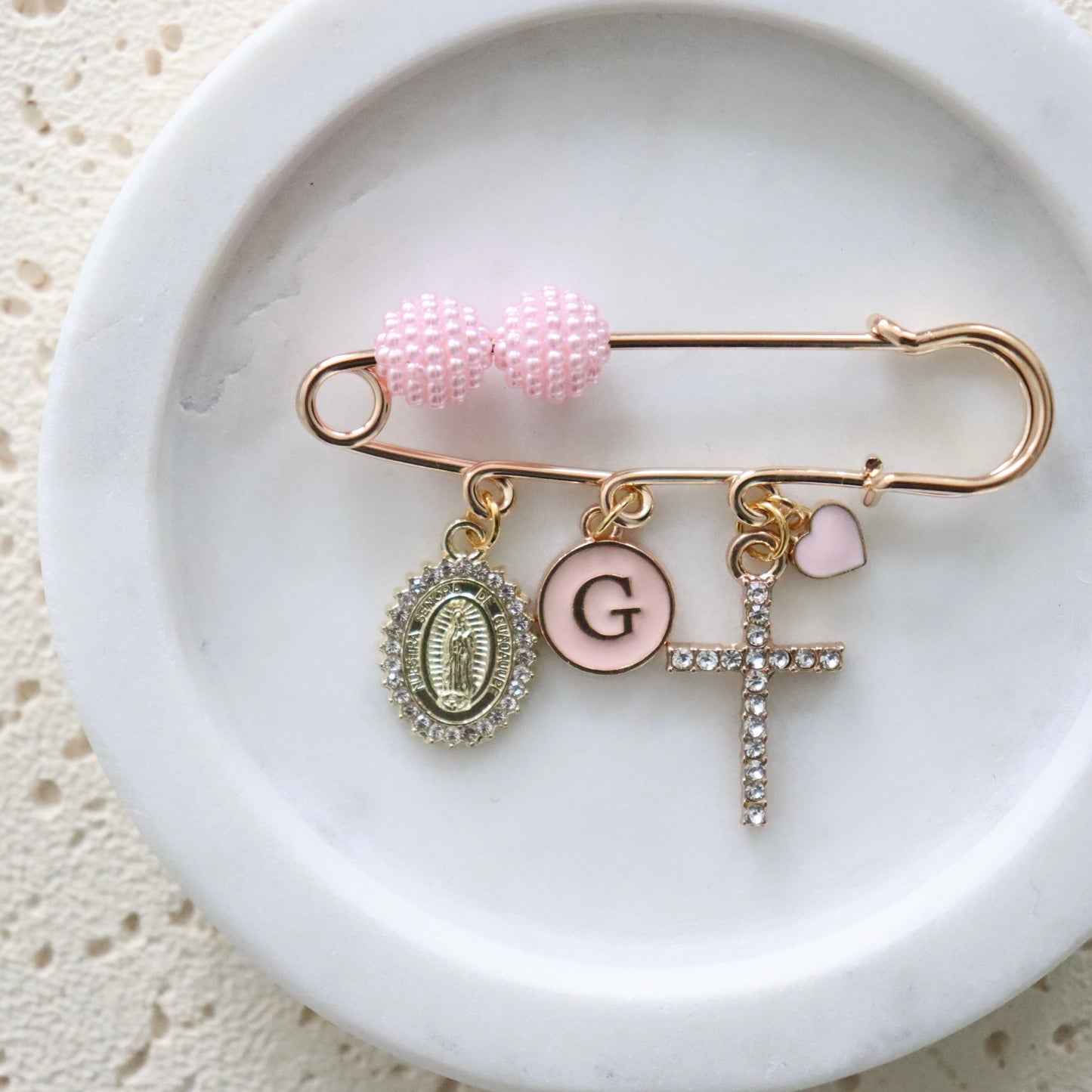Diamanté Mother Mary & Cross Keepsake Pin with Pink Pearl Beading