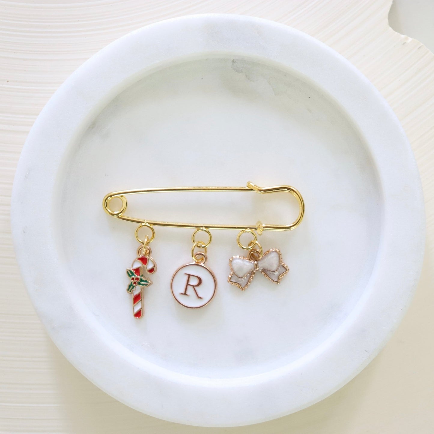 Christmas Candy Cane and Bow Keepsake Pin