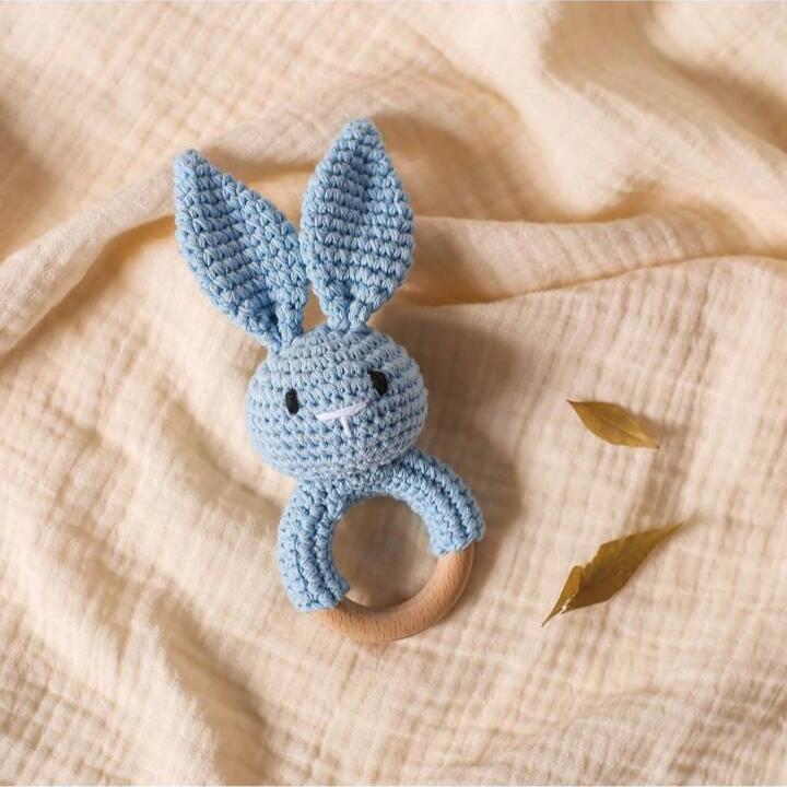Teether/Rattle - Wooden Crochet Blue Rabbit
