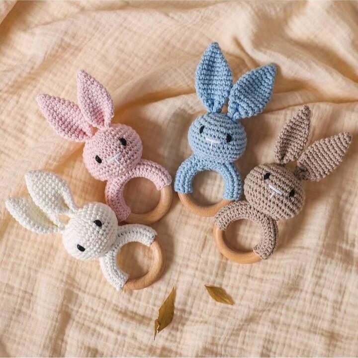 Teether/Rattle - Wooden Crochet Blue Rabbit