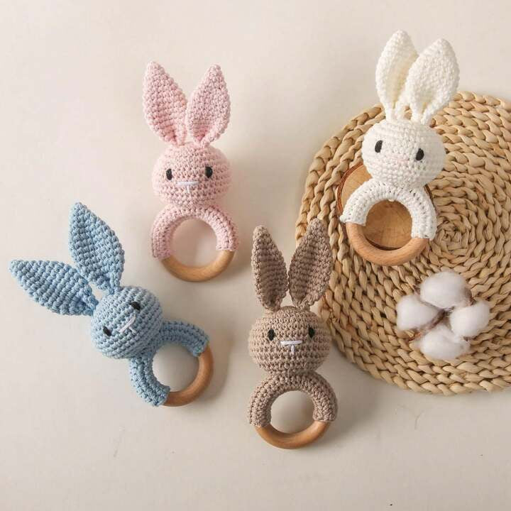 Teether/Rattle - Wooden Crochet Pink Rabbit