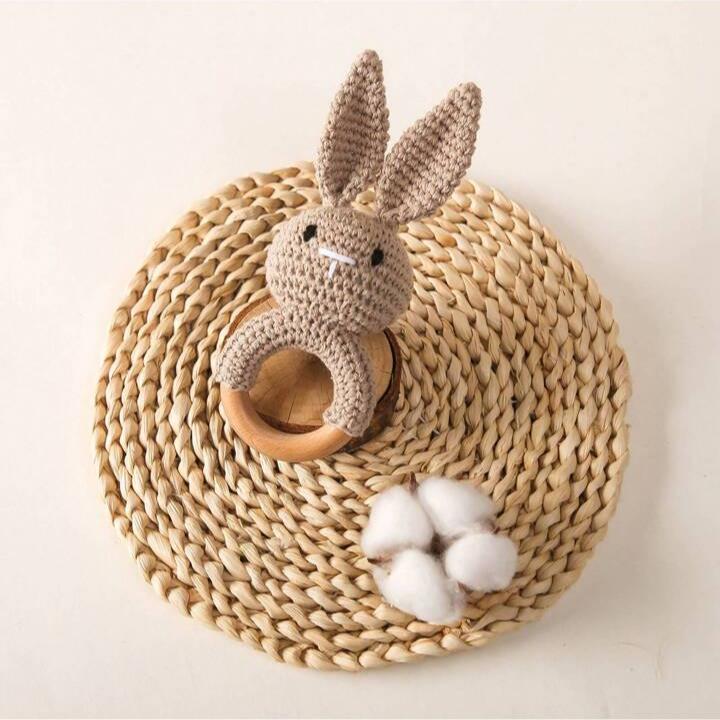 Teether/Rattle - Wooden Crochet Brown Rabbit