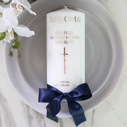 Baptism Candle with Navy Blue Satin Ribbon