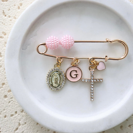 Diamanté Mother Mary & Cross Keepsake Pin with Pink Pearl Beading
