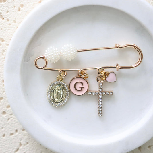 Diamanté Mother Mary & Cross Keepsake Pin with White Pearl Beading