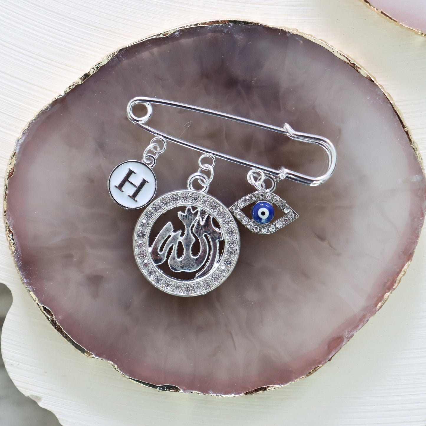 Silver Diamanté Allah Evil Eye Protection Keepsake Pin