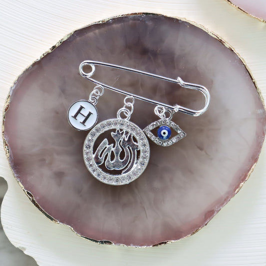 Silver Diamanté Allah Evil Eye Protection Keepsake Pin