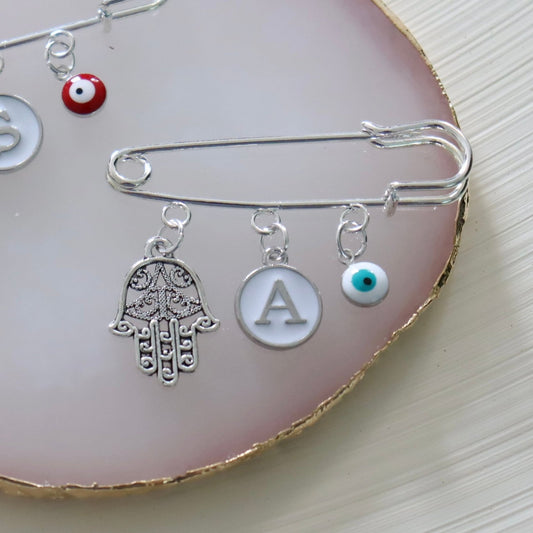 Hamsa White Evil Eye Protection Silver Keepsake Pin