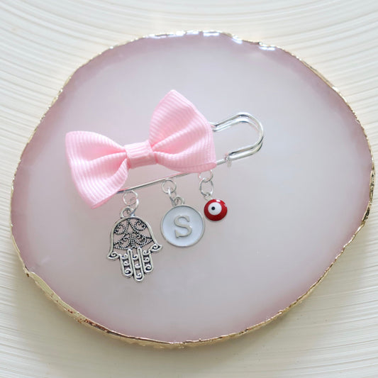 Hamsa Red Evil Eye Protection Silver Keepsake Pin with Bow