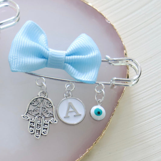 Hamsa White Evil Eye Protection Silver Keepsake Pin with Bow