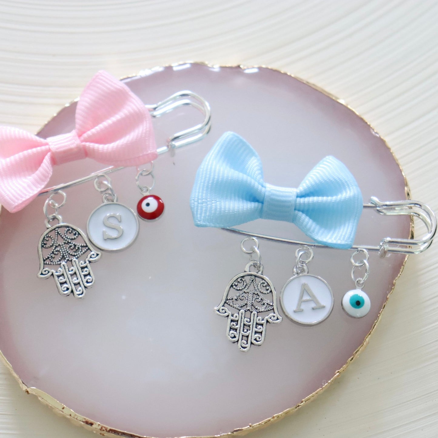 Hamsa White Evil Eye Protection Silver Keepsake Pin with Bow