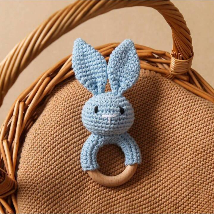 Teether/Rattle - Wooden Crochet Blue Rabbit