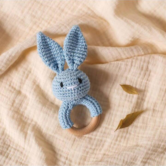 Teether/Rattle - Wooden Crochet Blue Rabbit