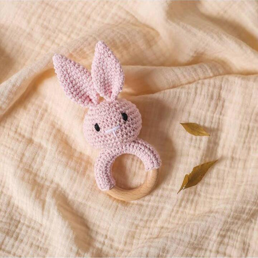 Teether/Rattle - Wooden Crochet Pink Rabbit