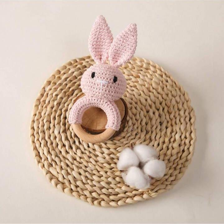 Teether/Rattle - Wooden Crochet Pink Rabbit