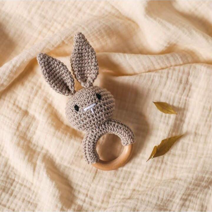 Teether/Rattle - Wooden Crochet Brown Rabbit