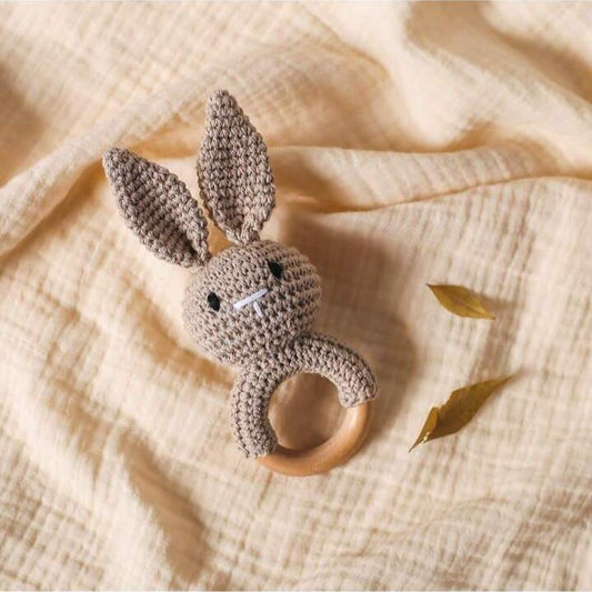 Teether/Rattle - Wooden Crochet Brown Rabbit